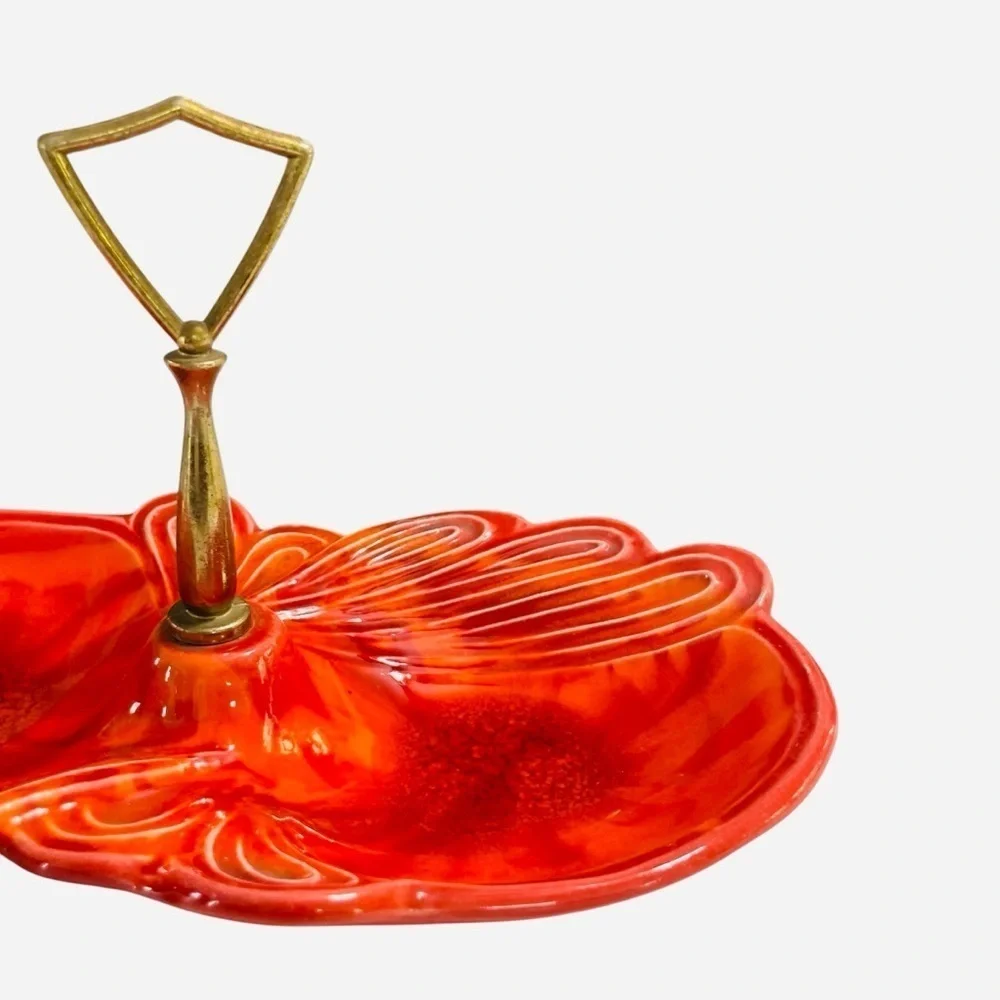 1960s Cal Style USA Orange Pottery Divided Candy Dish MCM Leaf Tidbit Tray